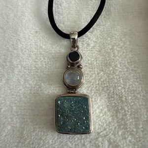 drusy quartz, sterling silver, moonstone and onyx pendant with silk necklace